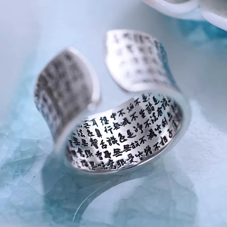 KJJEAXCMY Boutique Jewelry 999 Pure Silver Personalized Retro Men and Women Buddha's Six Character Scripture Peace Ring Gift