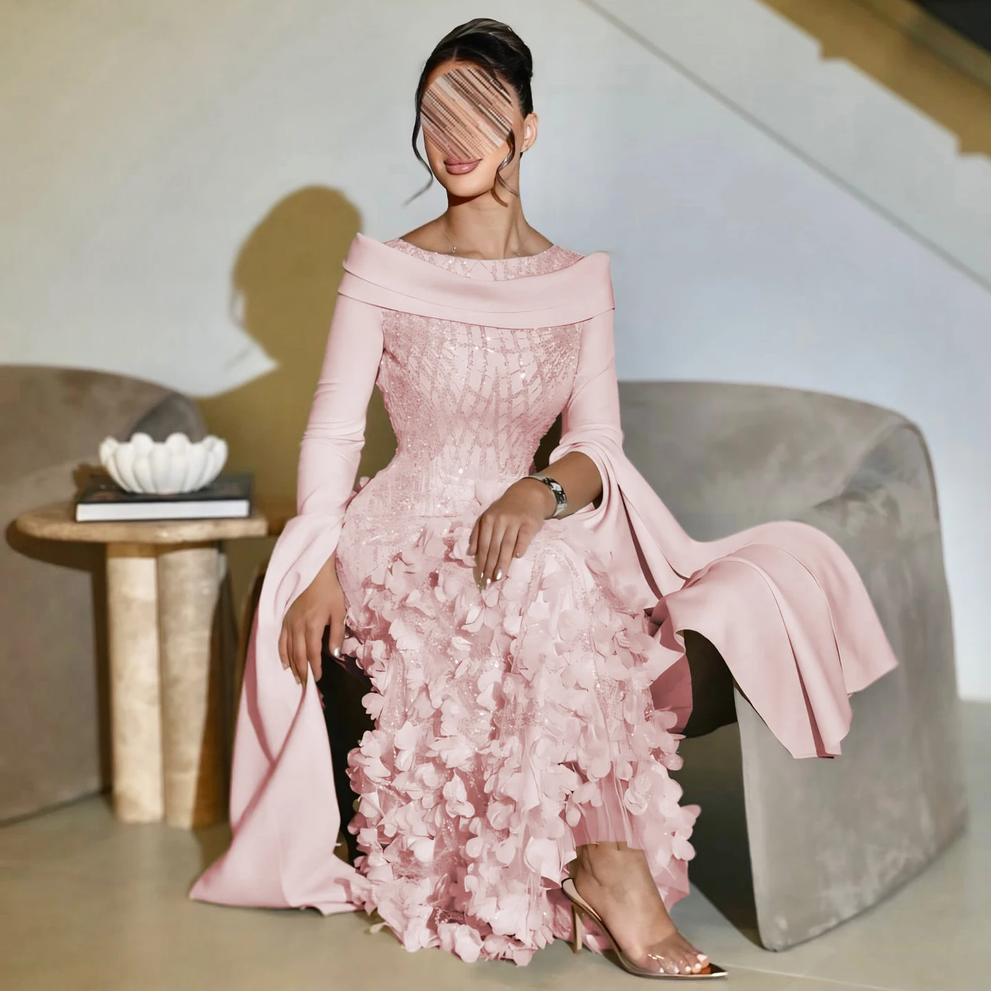 Sharon Said Luxuriöses Dubai Romantisches Blush Pink 3D-Blumen-Arabisches Abendkleid mit Cape-Ärmeln für Hochzeitsfeier SS272 Maßanfertigung – Detail 8