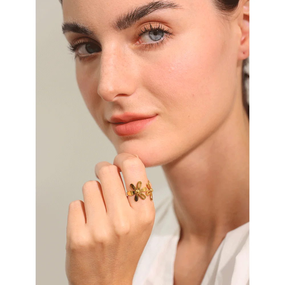 Yhpup Stainless Steel Plant Flower open Golden Ring Waterproof 18K PVD Plated Stylish Finger Jewelry for Women Gift