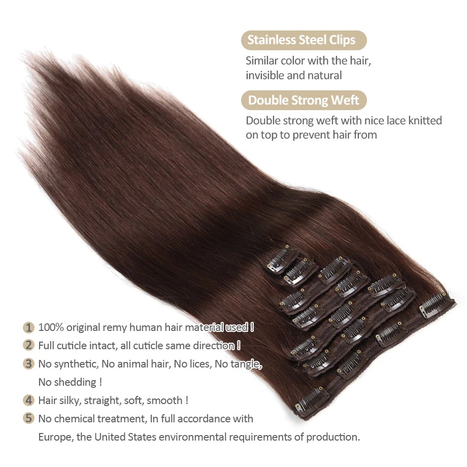 Grampo do cabelo de Remy nas extensões para mulheres, cabelo humano real, trama dobro, 70g, 7 pares, 12 \