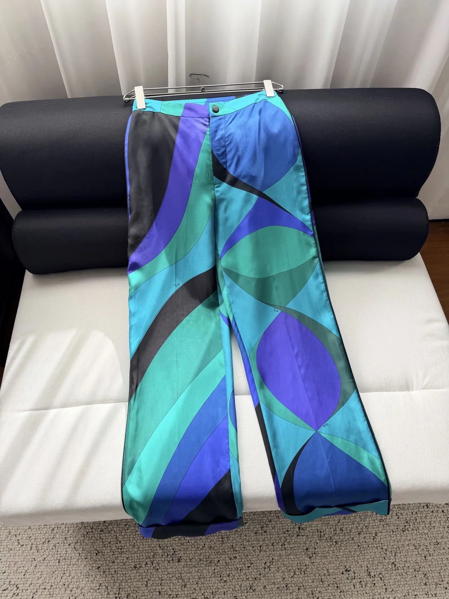 

Шелковые брюки-палаццо Puc Luxury с геометрическим принтом в сине-фиолетовых тонах, вдохновленные дизайнерскими работами, женские, с высокой талией, элегантные