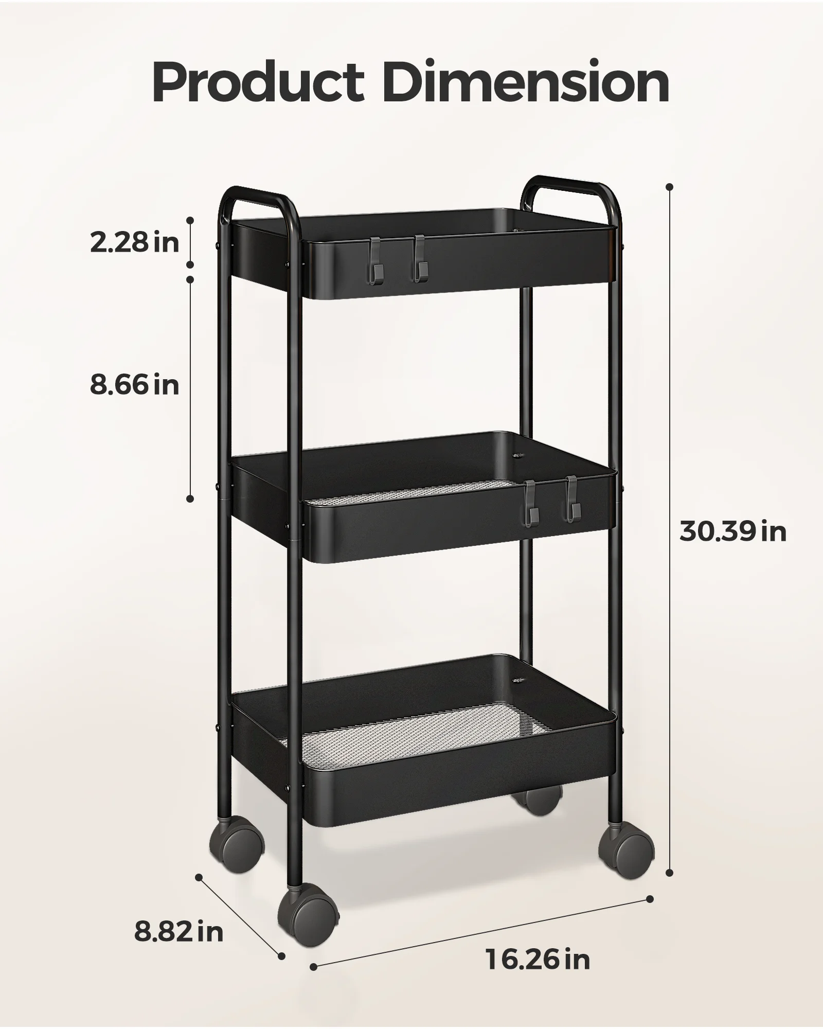 حامل نباتي من 3 طبقات سوداء من Bamworld مع عجلات عربة دوارة معدنية شديدة التحمل رف داخلي وخارجي لغرفة المعيشة وحديقة الشرفة