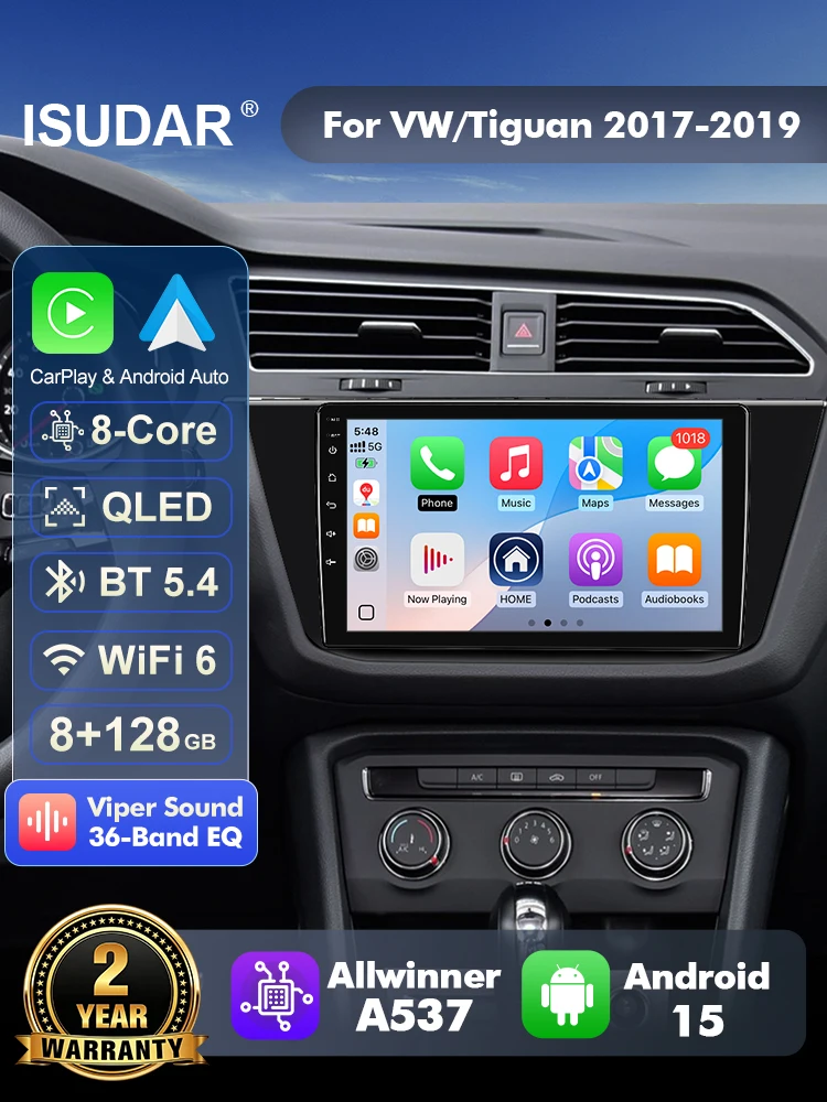 ISUDAR T57 Android 15 Radio For Volkswagen Tiguan 2 Mk 2017-2019 Multimedia Player CarPlay Android Auto GPS Head Unit Camera WIF