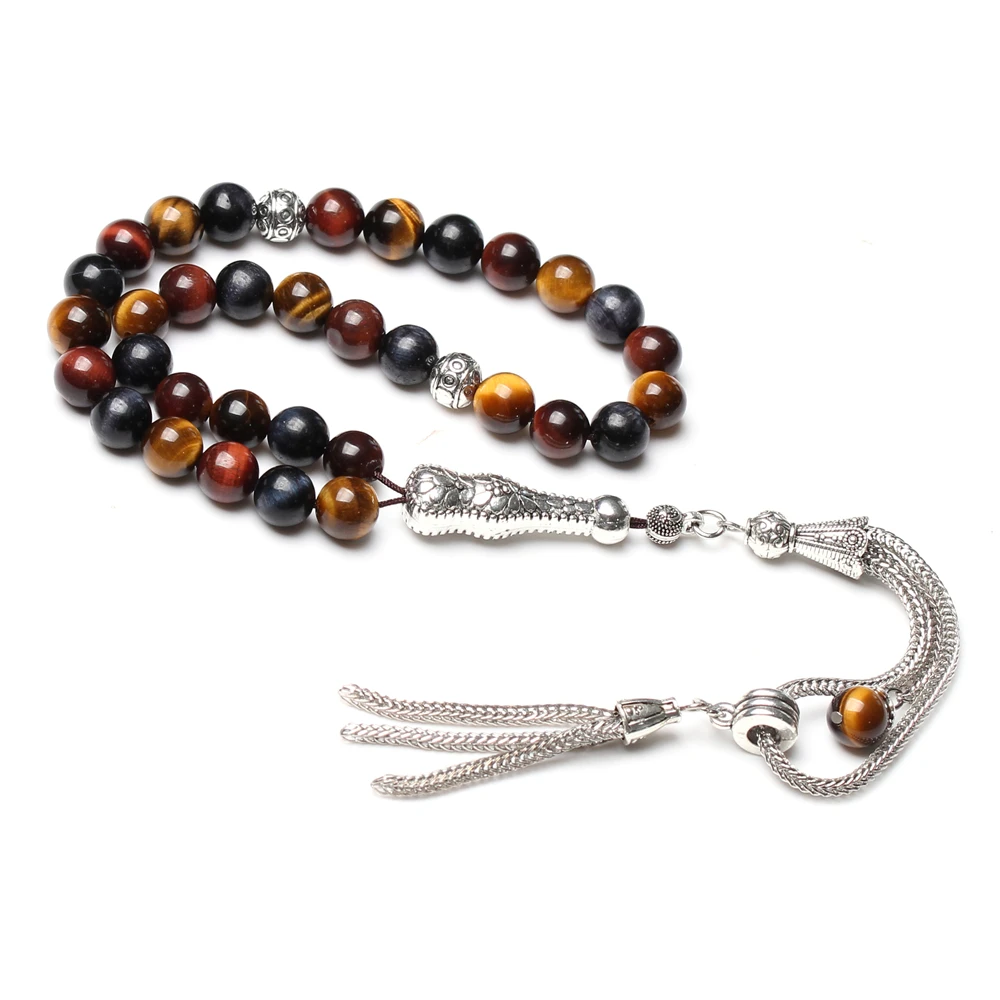 

Камень тигровый глаз Tasbih, натуральные разноцветные бусины ручной работы, мусульманские четки, новый дизайн, серебряная кисточка tasbeeh
