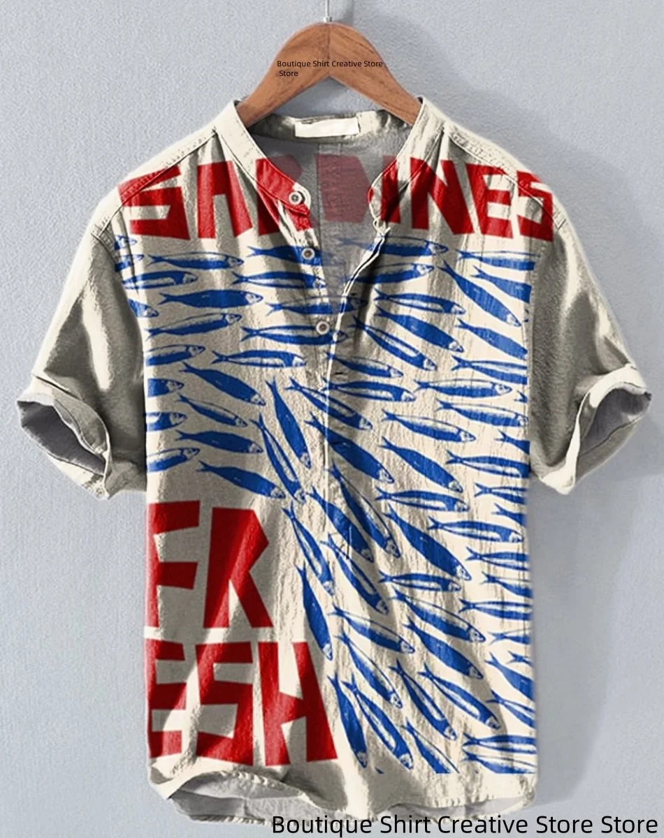 

New linen 3D printed pullover shirt, street fashion casual shirt, 3D printed pattern series pullover Hawaiian fish pattern shirt