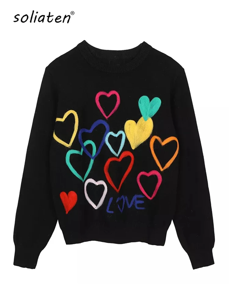 2024 Spring Women Lovely Sweater O-Neck Colorful Candy Color Heart Embroidery Knitwear Slim All-Match Pullover Femme C-066