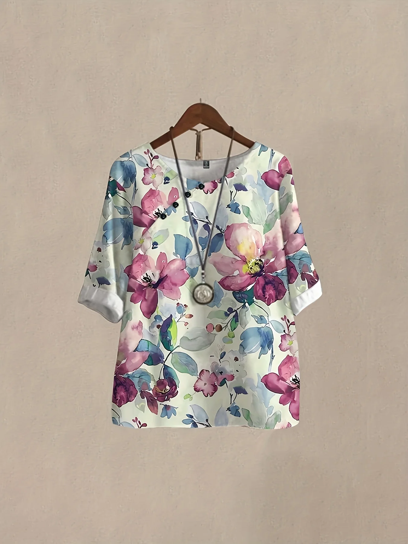 Plus size women's spring & summer Chinese fashion simple random flower print short-sleeved top and trousers casual two-piece set