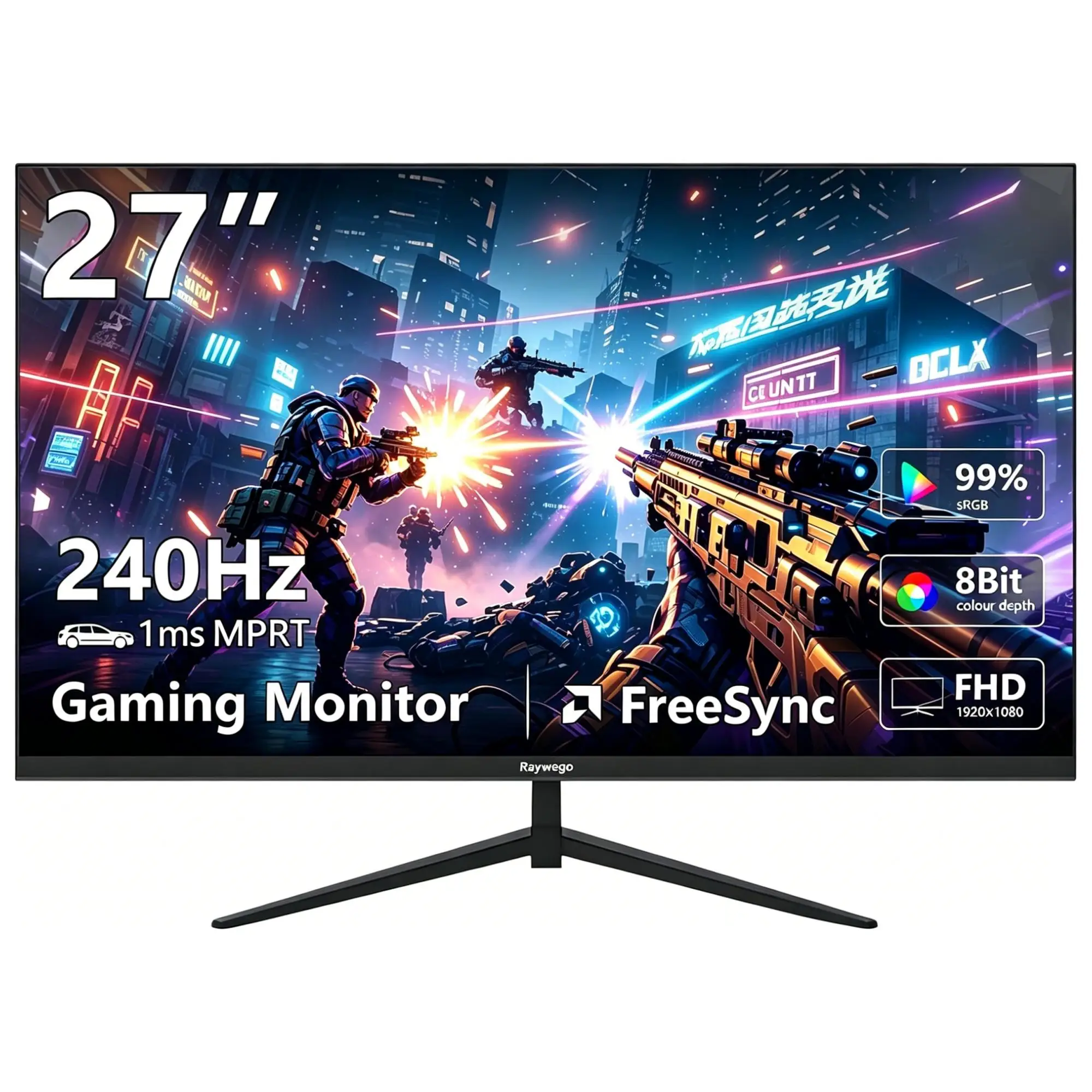 Raywego 27 Inch Gaming Computer Monitor, 240Hz, FHD 1080P Monitor, 99% sRGB,1ms MPRT, 400cd/m², AMD Freesync, Crosshair & Eye-Care Tech, Low Blue Light, HDMI 2.0 & DP 1.4, VESA(100mm x 100mm)