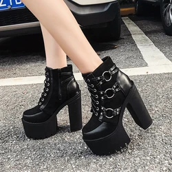 Gdgydh Women's Goth Motorcycle High Heel Boots Block Heels Lace Up And Zipper Round Toe Platform Ankle Boots Y2K Style