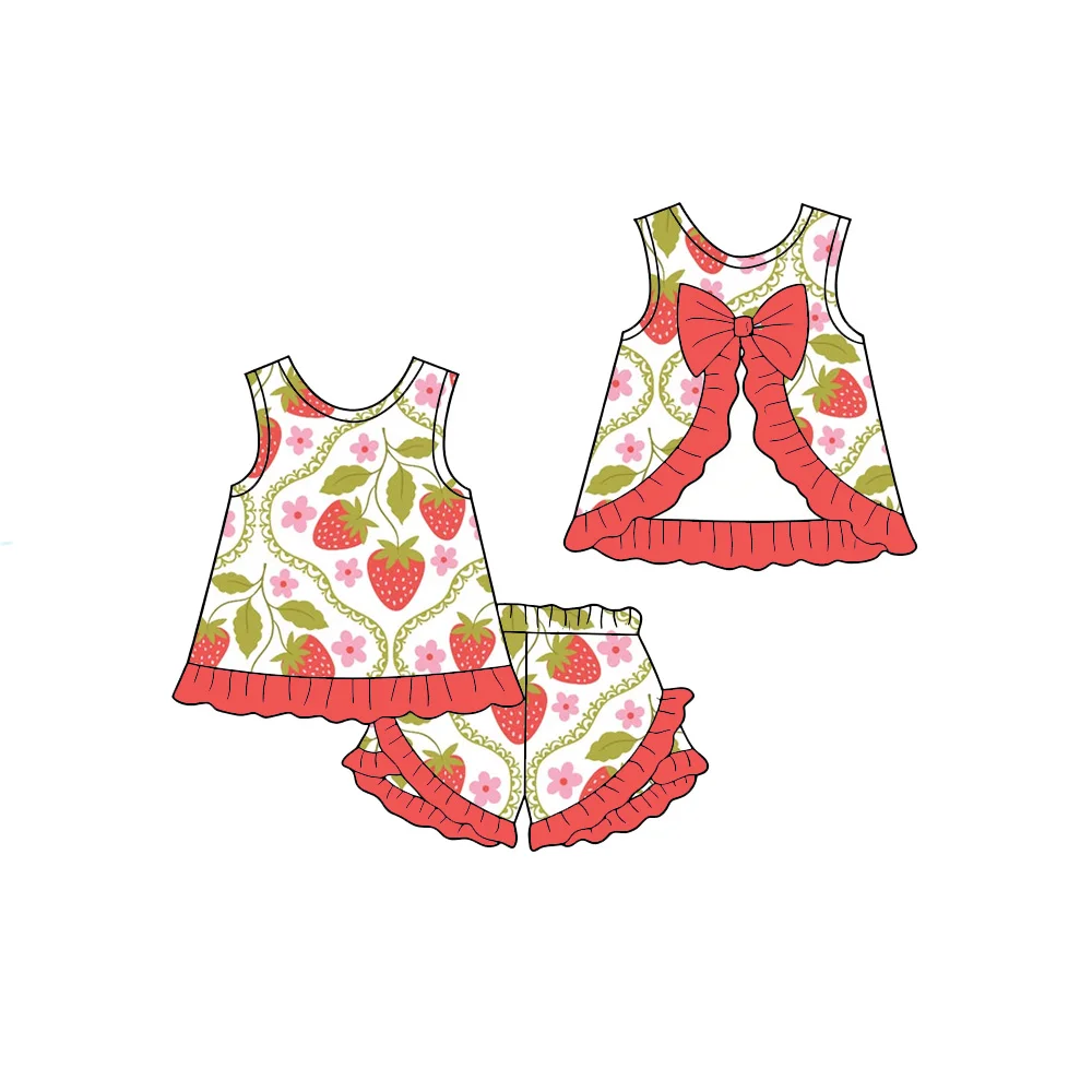 Boutique Girls 2-Piece Short Set Strawberry and Bow Print Ruffled Hem & Back Bow Sleeveless Tank Top Ruffle Shorts Custom