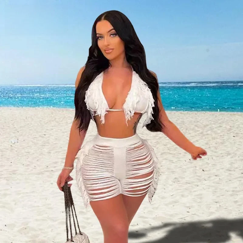 Stigende Women Fringe Tassel Bikini Shorts Set Hollow Out Jamaican Crochet Swimwear Summer Beach Knitted Cover Up Swimsuit — zdjęcie 2