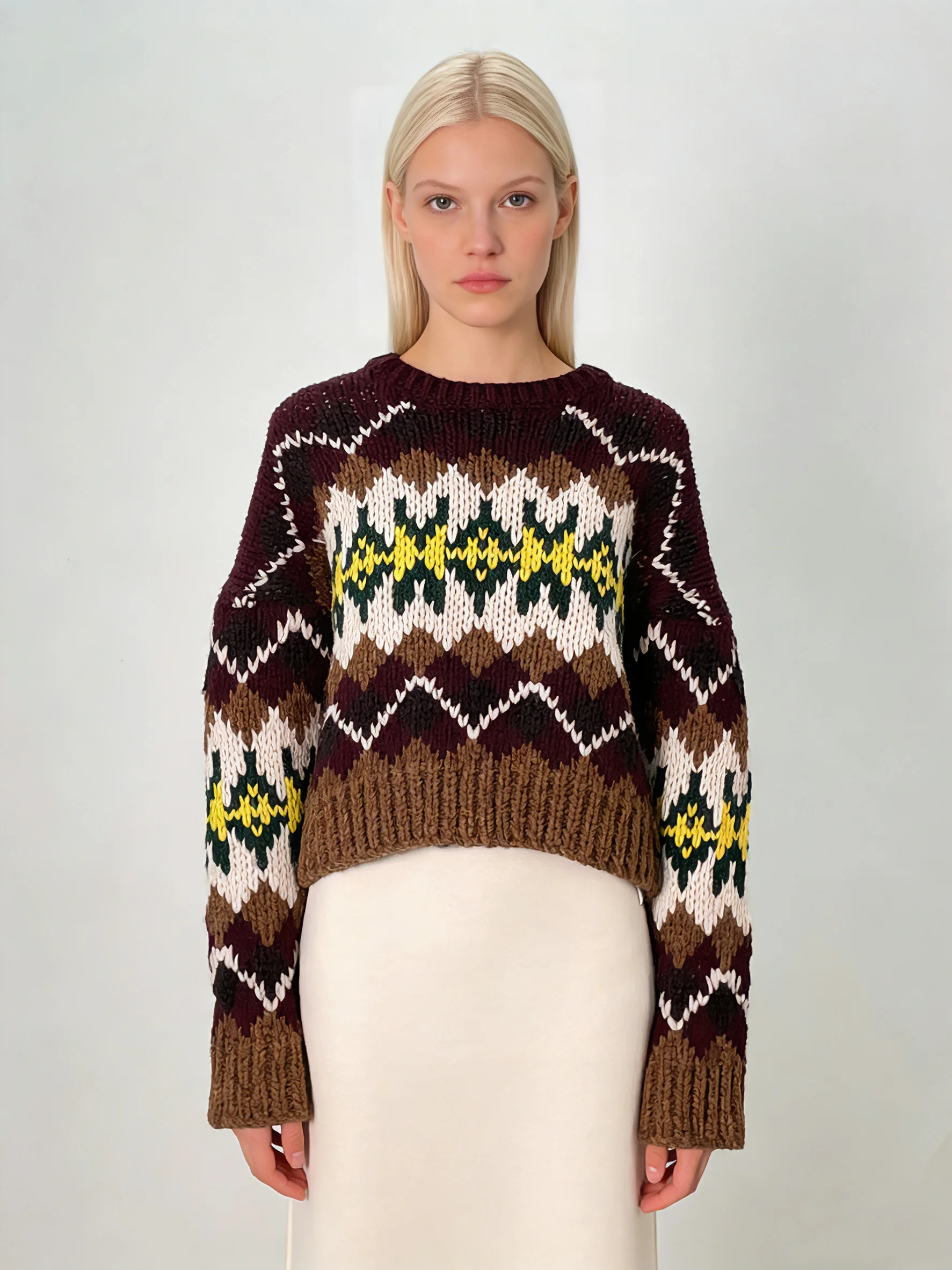 

Женский укороченный свитер оверсайз из 100% шерсти с узором «Феррингтон», бордово-коричневый, крупной вязки, пуловер