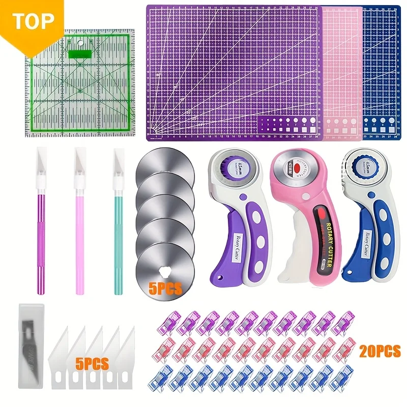 45mm Rotary Cutter Set with Sharp Blade and Safety Lock, 5 Replacement Blades, A4 Cutting Mat, Craft Knife, Acrylic Ruler and Sewing Clips, for Quilting, Sewing, Weaving and DIY Craft Projects