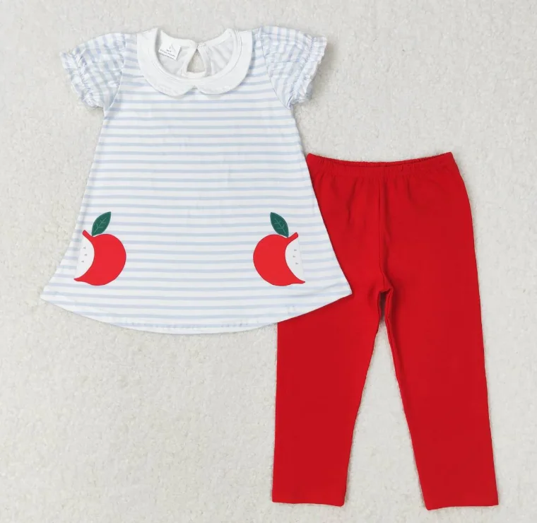 

Girls Apple Bows Back To School Knee Length Dresses Children Summer Flutter Ruffle Tunic Pants Sets Girls Clothing