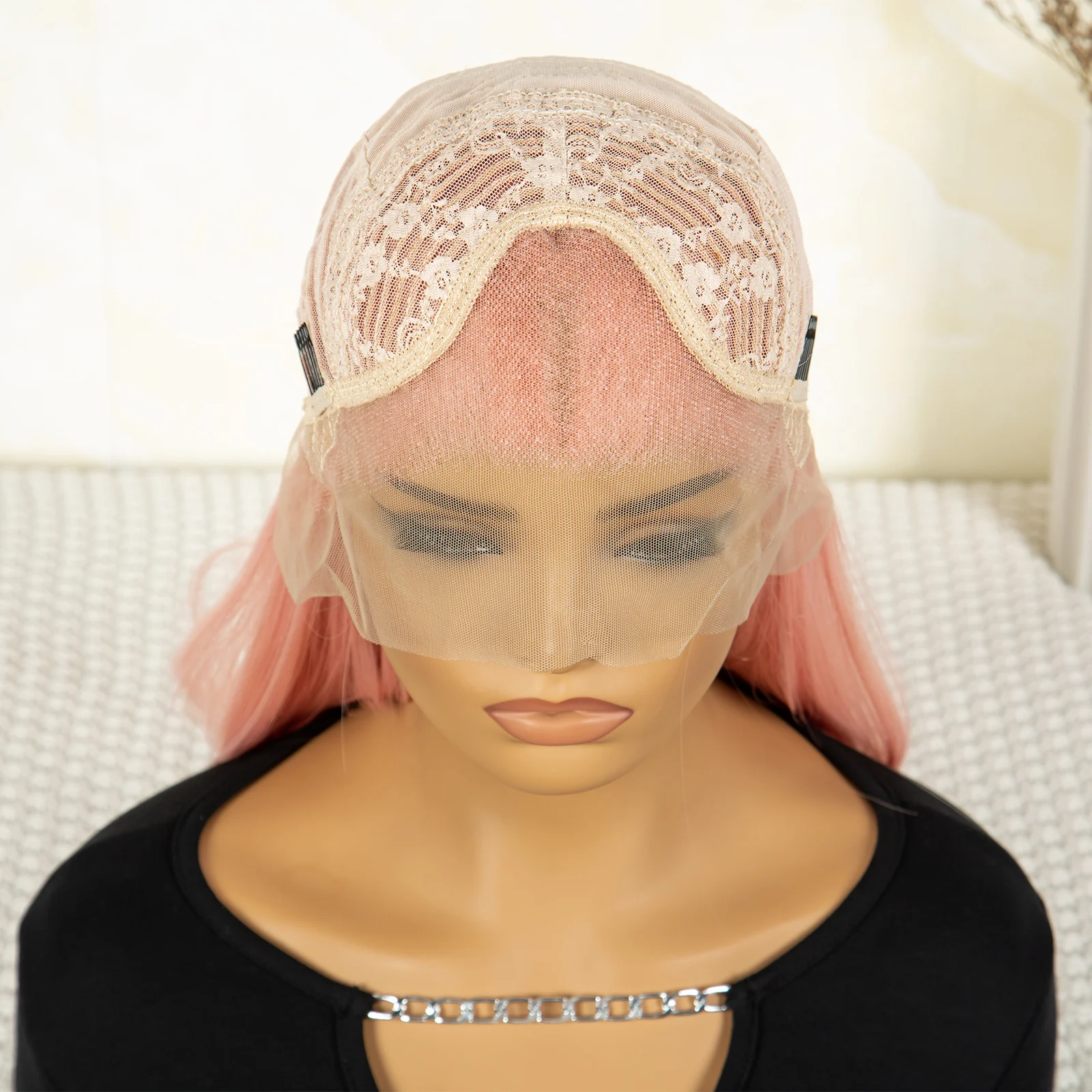 Hellrosa Perücke für Frauen, synthetische Perücke mit Spitze vorne, gerade, rosa Perücke, Cosplay-Spitze-Frontal-Perücke, Hochtemperaturfaser, HD-Spitze