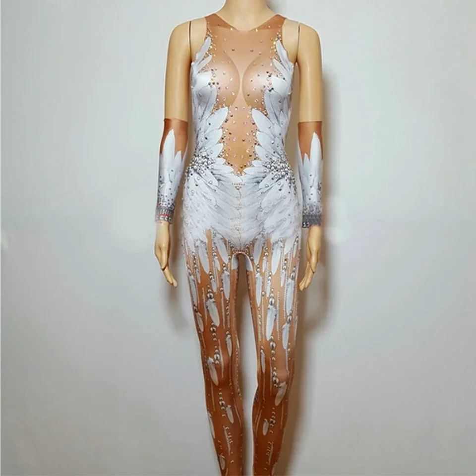 Sexy kombinezon stras kobiety biały nadruk piór body klub nocny piosenkarka strój do tańca dżetów etap pajacyki Vestido — zdjęcie 2