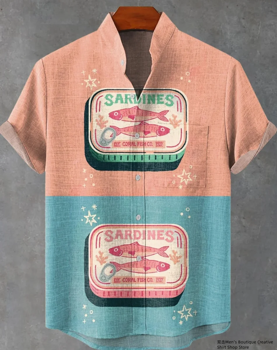 새로운 리넨 남성 3D 물고기 패턴 하와이 셔츠 캐주얼 반소매 탑 느슨한 의류 패션 빈티지 여름 셔츠 빠른 배송