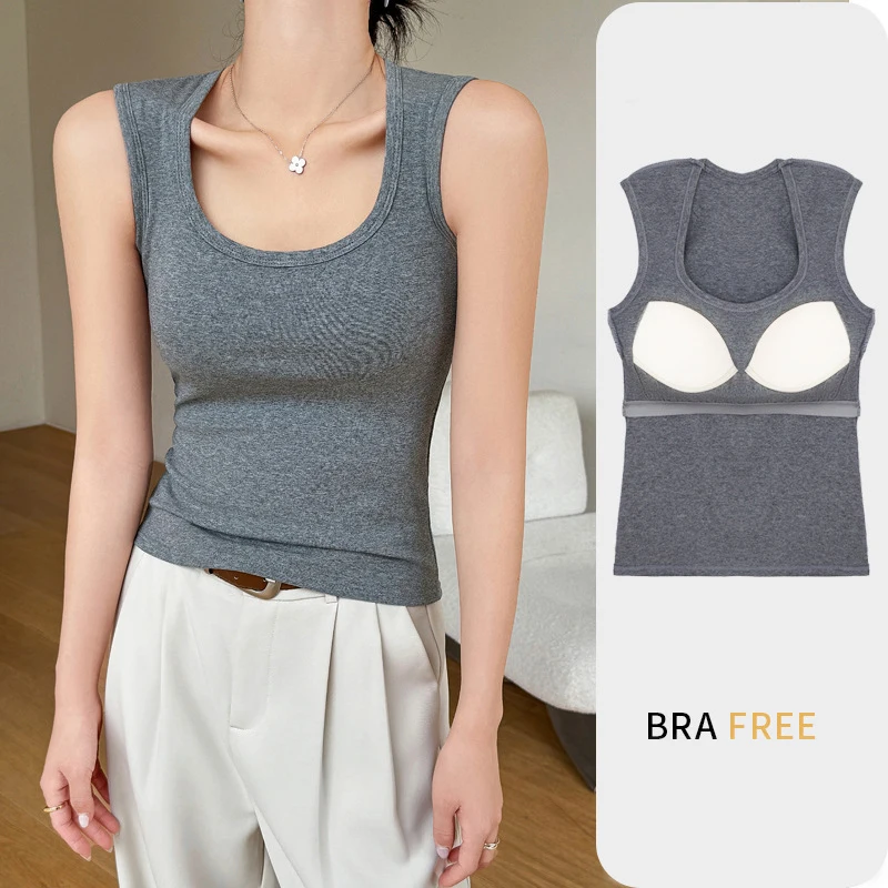 Korea Stylish Women\'s Camisole with Padded Bust Solid Color Sleeveless Undershirts Slim Tops Concealing Side Cleavage C5725