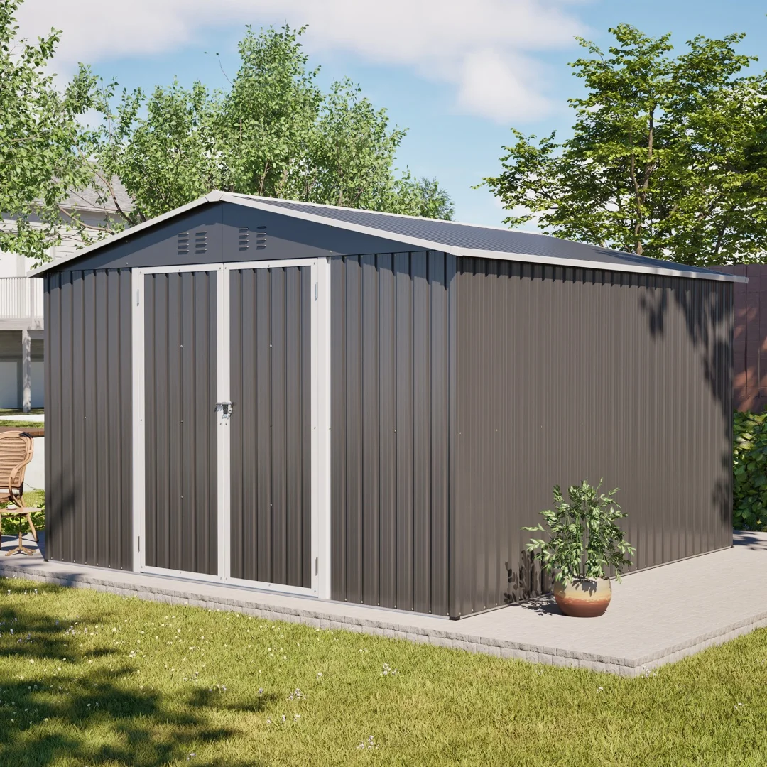 10x10 FT gegalvaniseerde stalen buitenberging met compleet vloerframe, afsluitbare brede dubbele deuren met scharnieren, complete montage-accessoires, slot & handschoenen, grijs
