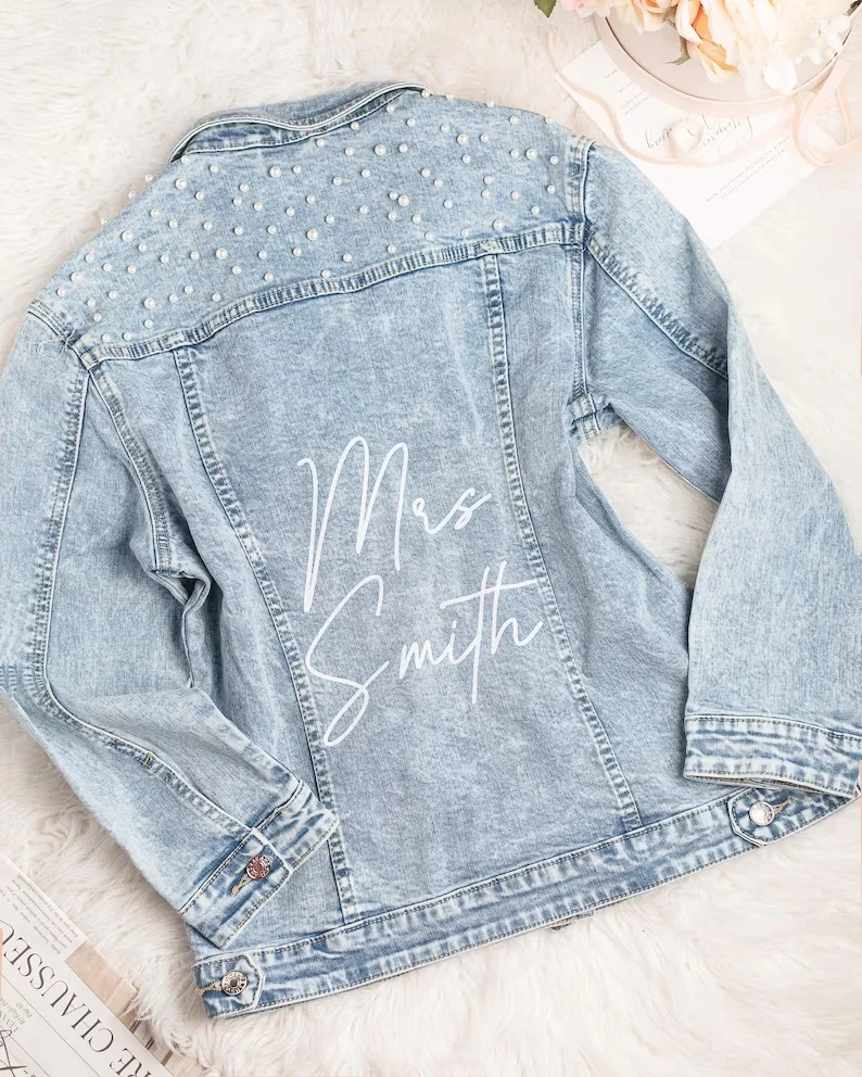 

Bridal Shower Gift Bride Denim Jacket with Pearls Customized Personalized Jacket Future Mrs. Mother's Day Gifts Honeymoon Gifts