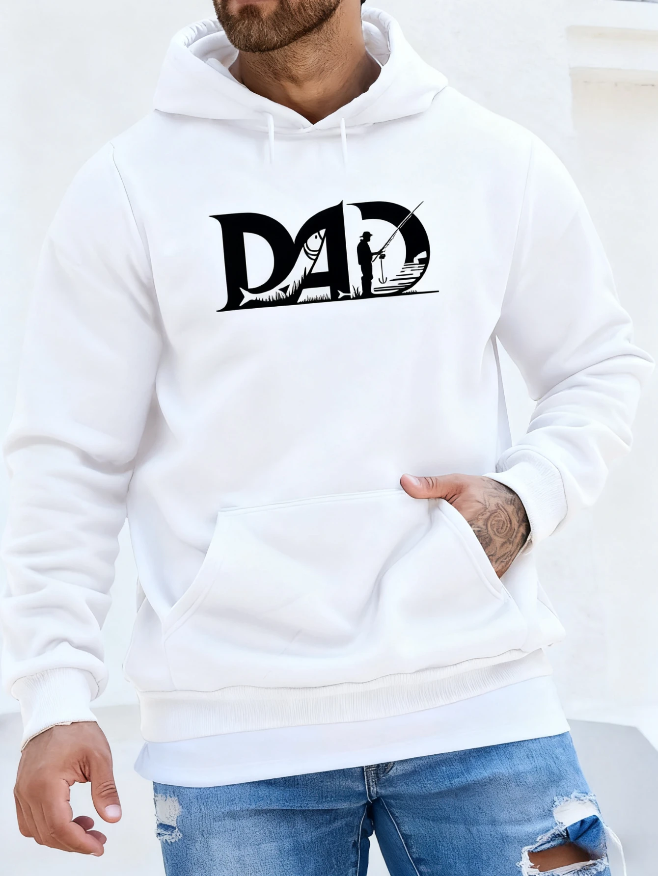 

Men's Hooded Sweatshirt Dad Matching Print Black Streetwear Pullover Hoodie with White Lettering Loose Fit Casual Winter Wear