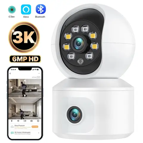 6MP WiFi IP 카메라 듀얼 렌즈 듀얼 스크린 베이비 모니터 홈 보안 카메라 PTZ 자동 추적 CCTV 비디오 감시 iCsee