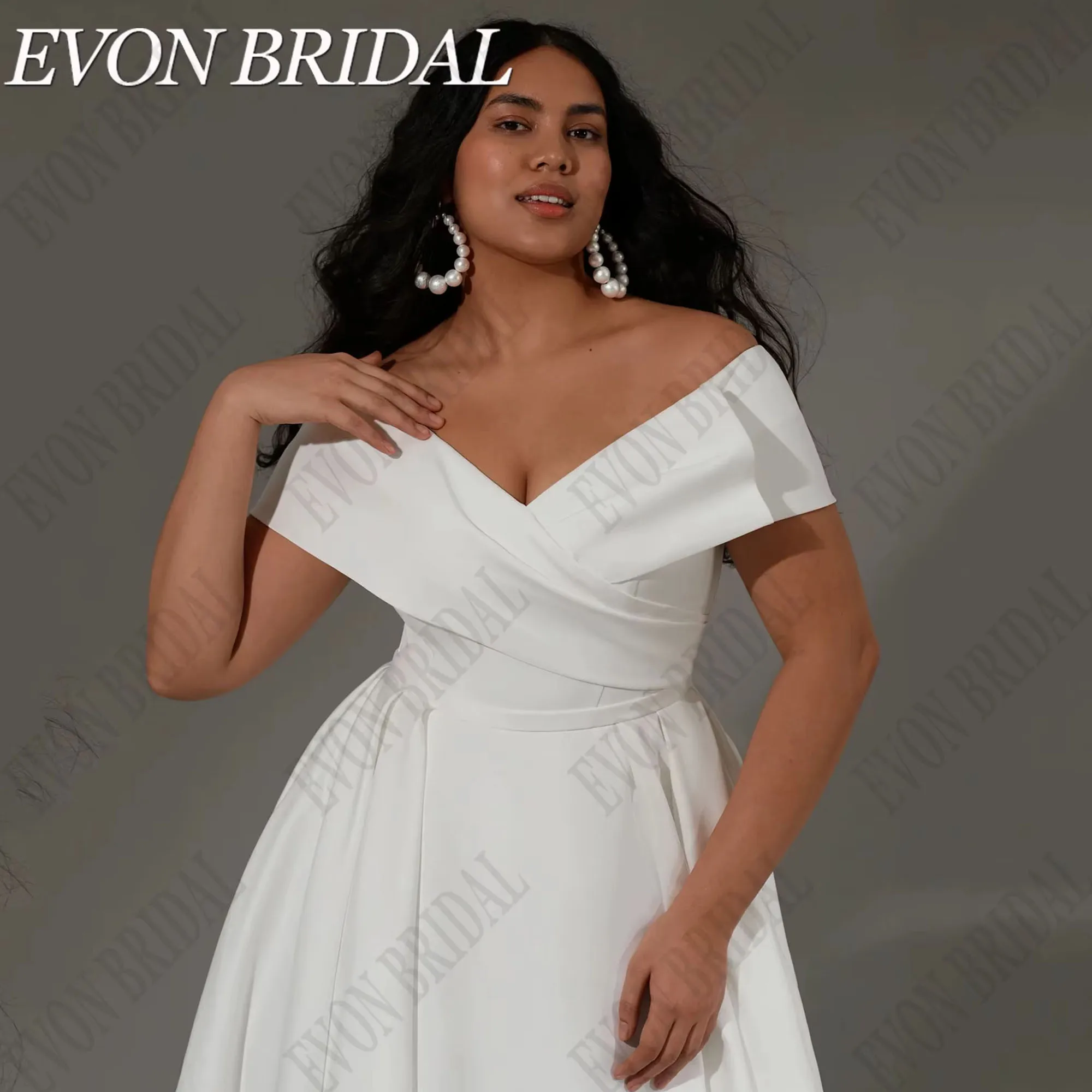 Evon nupcial fora do ombro vestidos de casamento plus size mulher cetim a linha vestido de noiva marfim vestidos de novia trem varredura personalizado