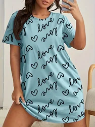 Plus Size Love Print Short Sleeve Nightgown Women's Large Size Micro Stretch Casual Round Neck Loungewear Dresses