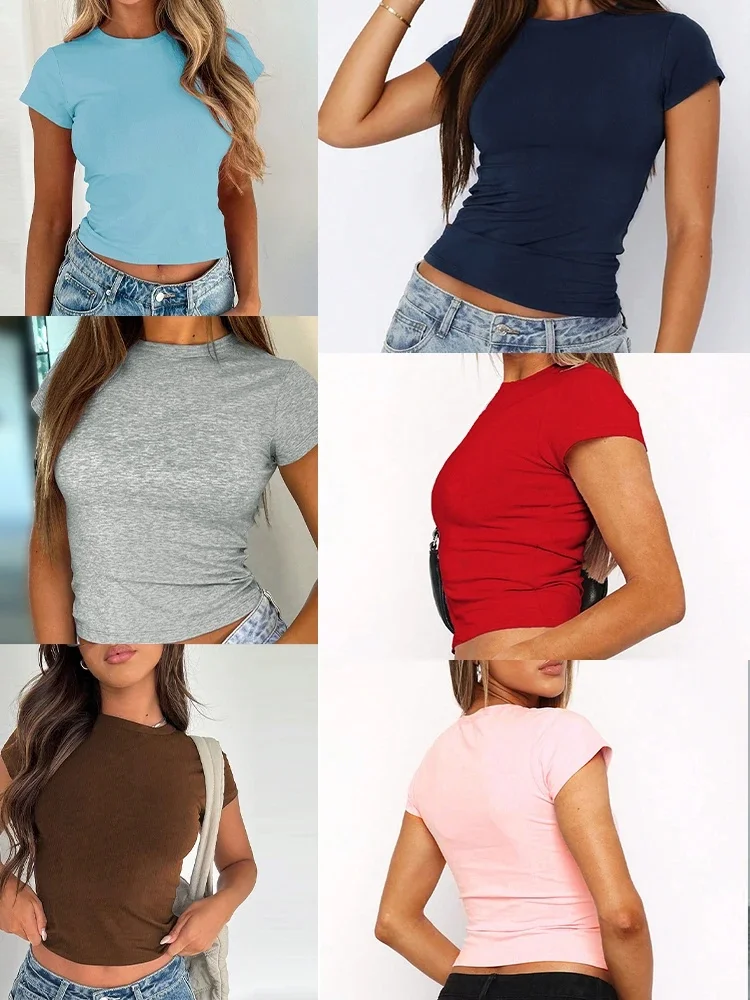 T-shirt manches courtes col rond femme, Sexy, couleur unie, Streetwear, mode, Simple, basique, polyvalent, décontracté, Slim, été
