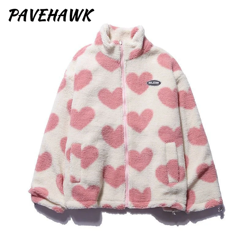 Women Double-sided Lamb Fur Plush Coat Couple Loose Heart Print Love Padded Jackets Casual Zipper Winter Stand up Collar Outwear