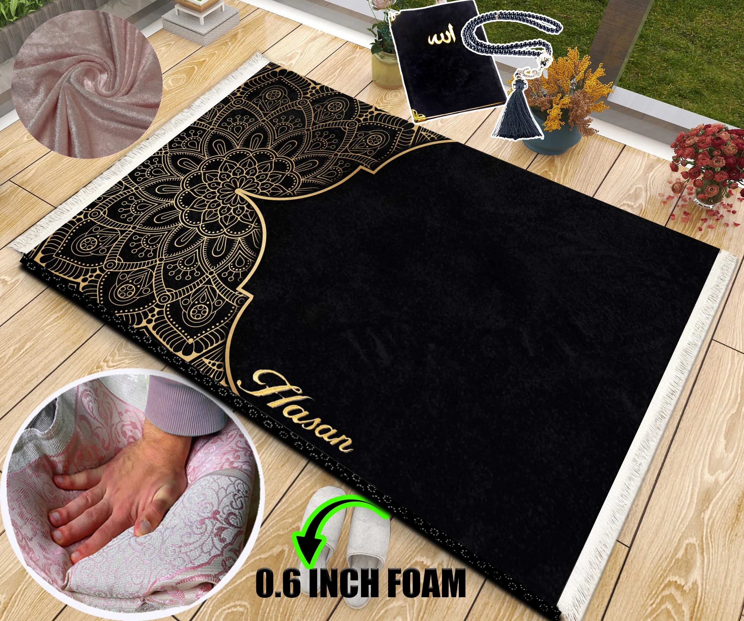 

Extra Thick Foam Padded Turkish Black Gold Prayer Rug, Luxury Yaseen, Soft Praying Mat Carpet & Pearl Tasbeeh, İslamic Gift Set