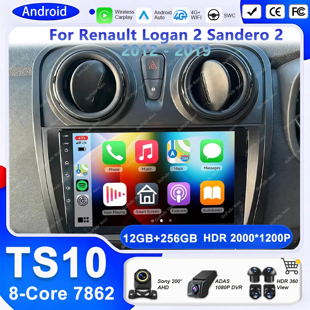 CarPlay For Renault Logan 2 Sandero 2 2012 - 2019 Car Radio Multimedia Player Bluetooth 5G BT WiFi Android15 Wireless carplay