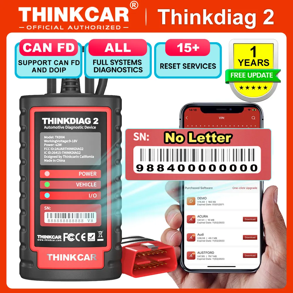 Thinkdiag2 جميع الماسح الضوئي التشخيصي OBD2 للتحكم ثنائي الاتجاه لنظام iOS وAndroid، أداة مسح بلوتوث مع بروتوكول CAN-FD،