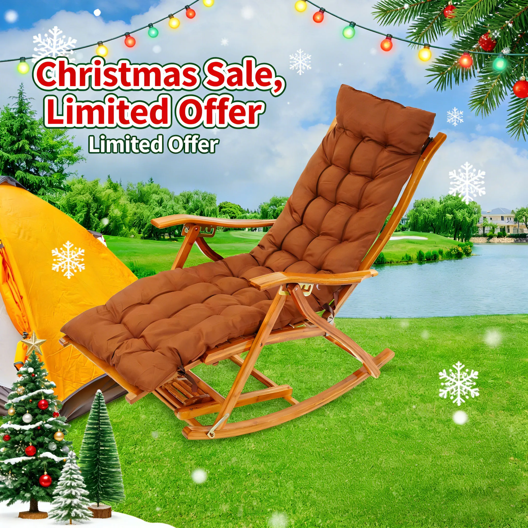 

Folding Chairs, Bamboo Rocking Chair Adjustable Recliner Lounge with Ottoman, Wide Padded Seat for Patio Garden Beach Outdoor