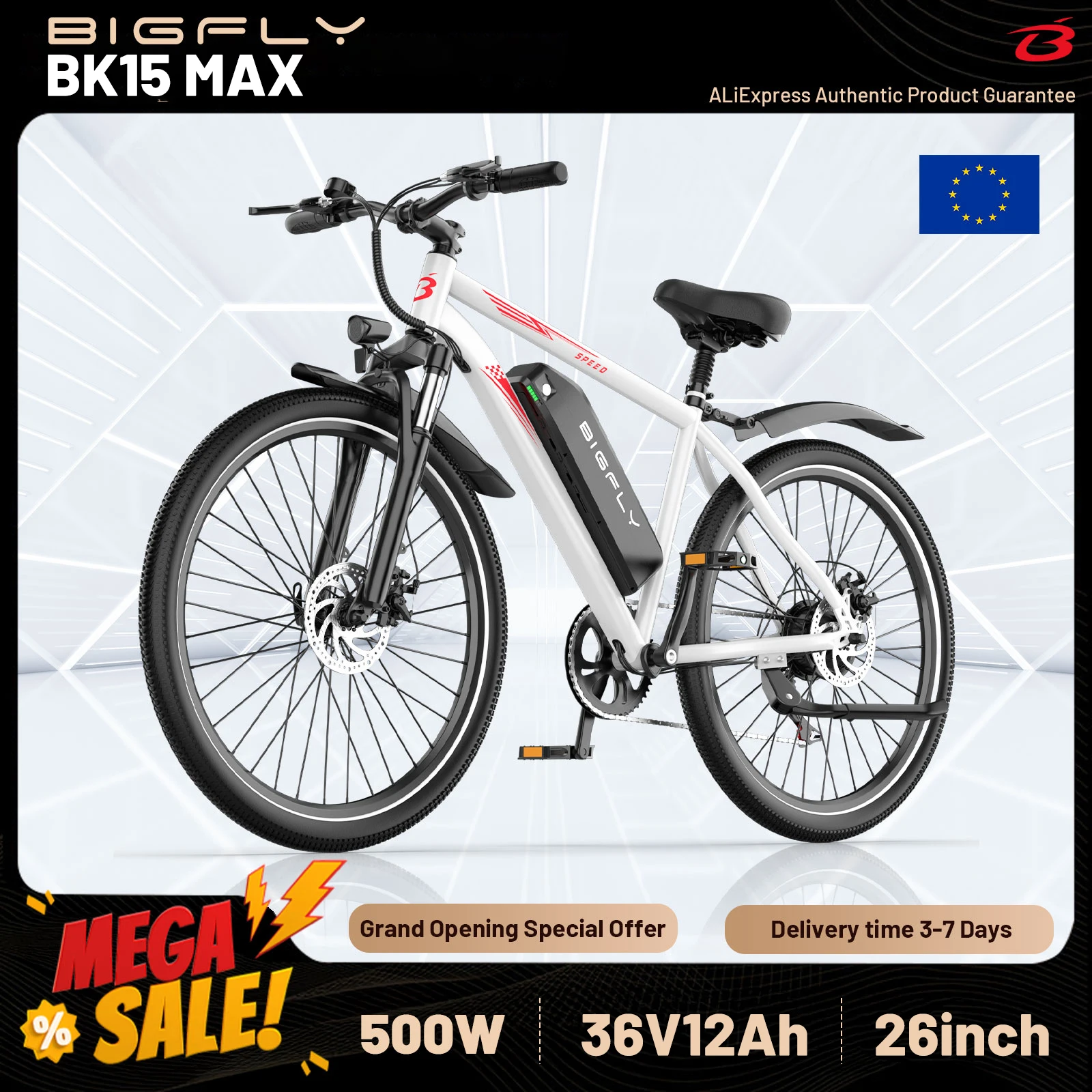 BIGFLY BK15 Vélo électrique pour adultes, moteur 500W, vélo électrique urbain, batterie 36V 12Ah, vélo électrique à pneus de 26 pouces, vélo électrique de montagne