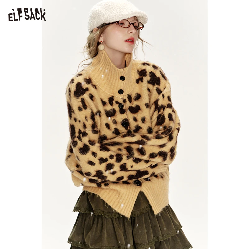 

ELFSACK 2025 Spring New Arrivals Yellow Leopard Print Stand Collar Single Breasted Short Knit Cardigan