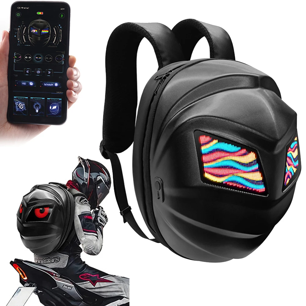 Borsone per moto con motivo occhi a LED con controllo Bluetooth Zaino da equitazione Portacasco completo con guscio rigido luminoso per ciclista notturno