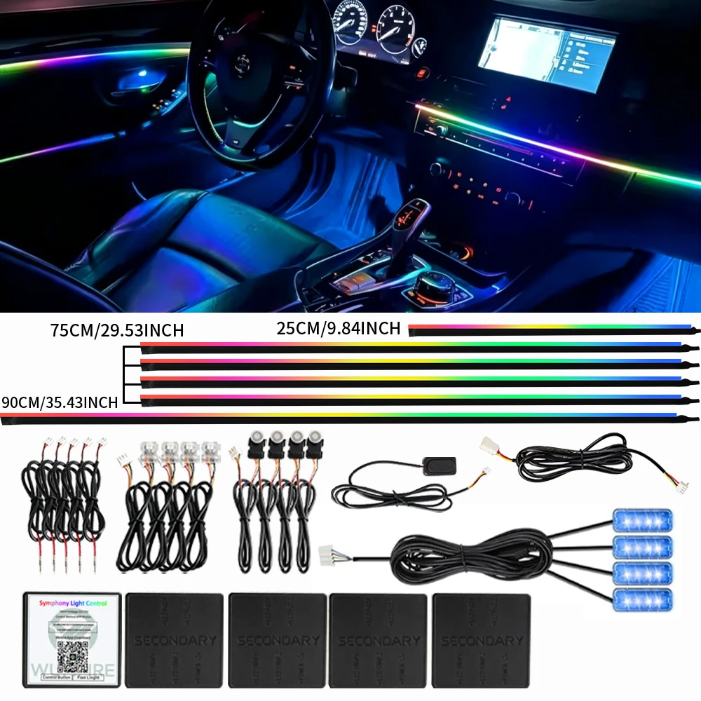 18 w 1 Zestaw Oświetlenia Ambientowego do Samochodu, 64 Kolory RGB, Efekt Symfoniczny, Sterowanie przez Bluetooth i Aplikację, Synchronizacja z Muzyką, Sterowanie Dwustrefowe, Zestaw Lamp z Paskami