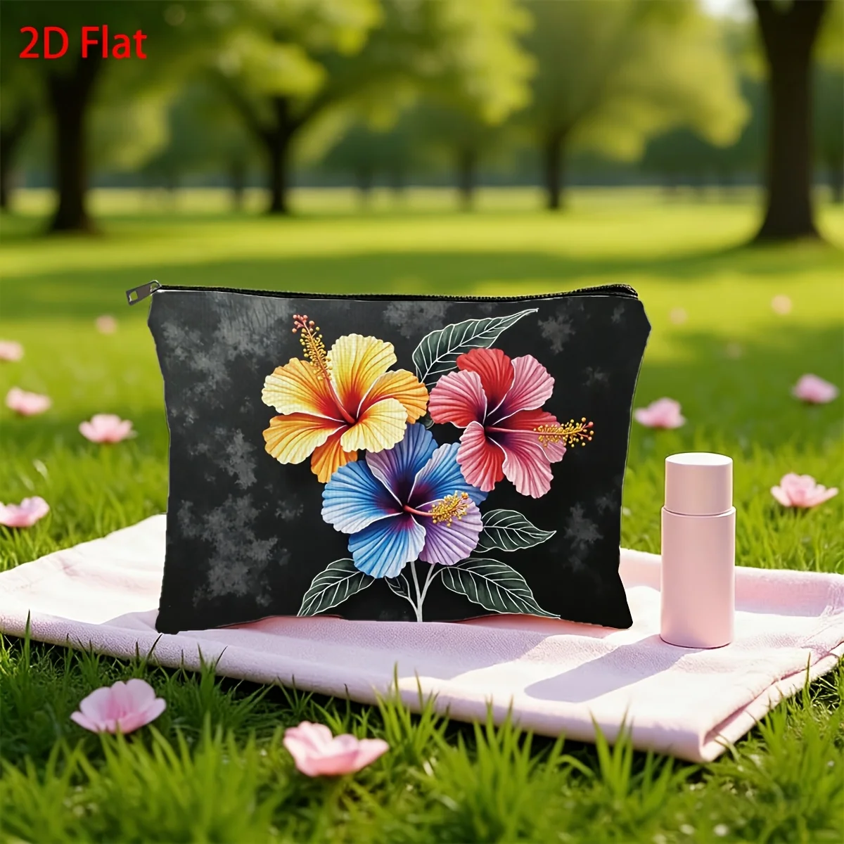 1Pc, Colorful and Vibrant Floral Black Retro Design Multifunctional Travel Makeup Bag, Snack Storage Bag, Stationery Storage Bag, Fashionable Toiletry Bag, Canvas Double-Sided Printed Zipper Pouch view 4