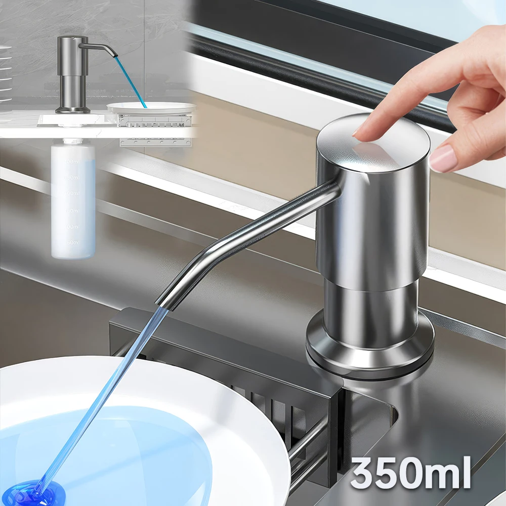 Kitchen Sink Liquid Soap Dispenser 350ML Stainless Steel Pump Built in Bottle Hand Press Detergent Lotion Dish Soap Dispenser