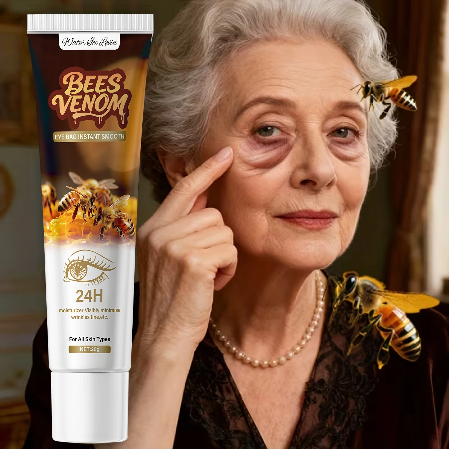 Straffende Bienengift-Augencreme gegen Tränensäcke & Augenringe, Feuchtigkeitscreme mit Hyaluronsäure & Kollagen, für alle Hauttypen