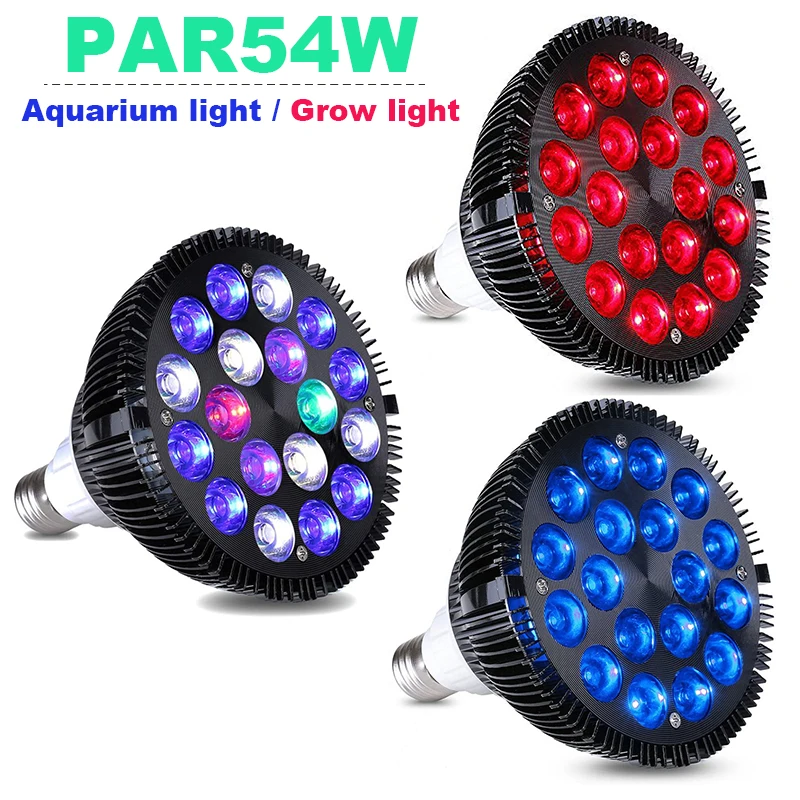 54W LED Aquarium Light Bulb E27 Full Spectrum Coral Lamp Aquatic Plants Grow Lights For Saltwater Seawater Fish Tank Lighting