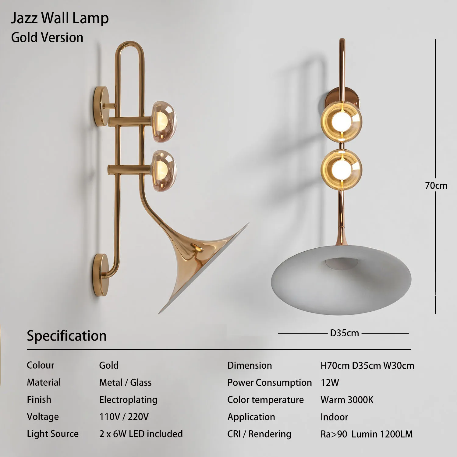 Caren Moderne Futuristische Jazz Hoorn Wandlamp Goud Gegalvaniseerde Glazen Kap Wandlamp 12W LED Elegante Binnenwandlamp Woonkamer
