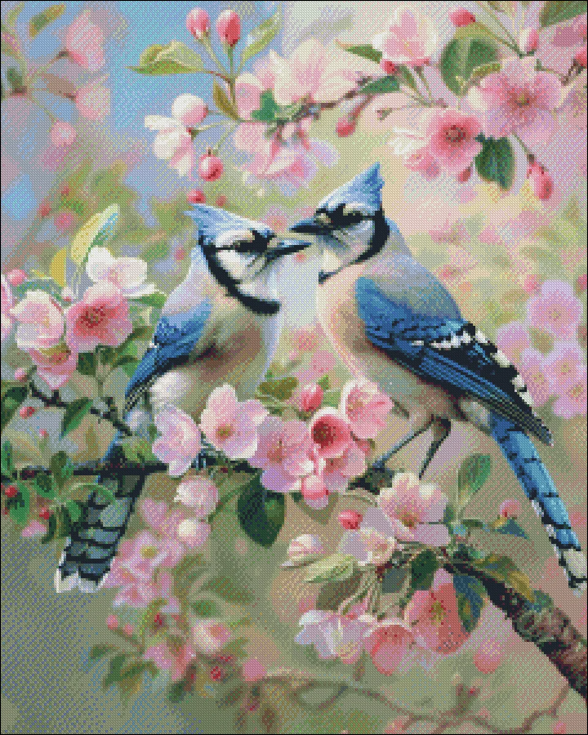 Blue Jays on Crabapple Blooms - Counted Cross Stitch Kits - DIY Handmade Needlework Embroidery 14 ct Cross Stitch Sets DMC Color