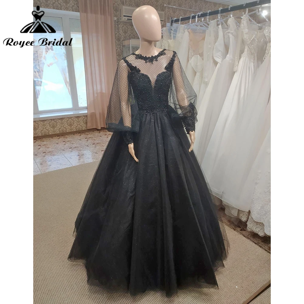 Black Sexy O Neck Puff Sleeve Lace Beading A Line Wedding Dress For Women Boho Bridal Gowns Robe Vestidos De Novia Prom Dress