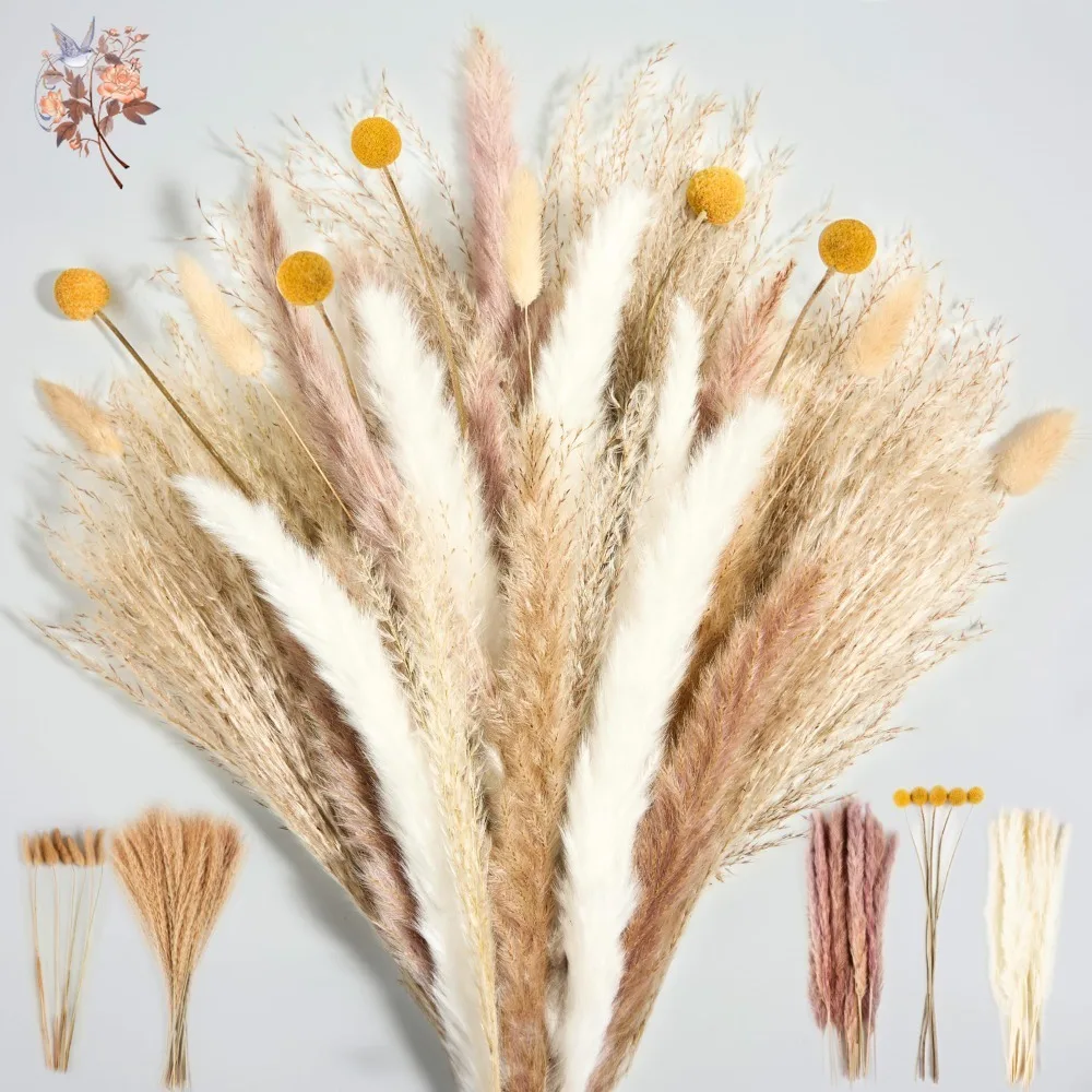 

100pcs Natural Pampas Grass Dried Flowers Bouquet Boho Home Party Decor Rabbit Tail Reed Artifical Flower Wedding Vase Ornaments