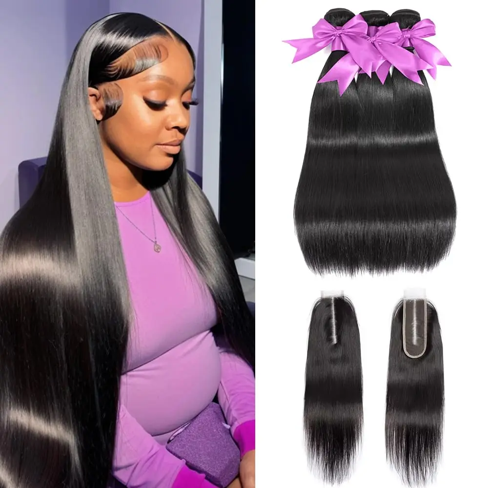 12A Fasci di capelli lisci con chiusura 2X6, capelli umani, lunghezze 18, 20, 22, con fasci di capelli umani brasiliani vergini non trattati, lunghezza 16 pollici, con chiusura in pizzo trasparente