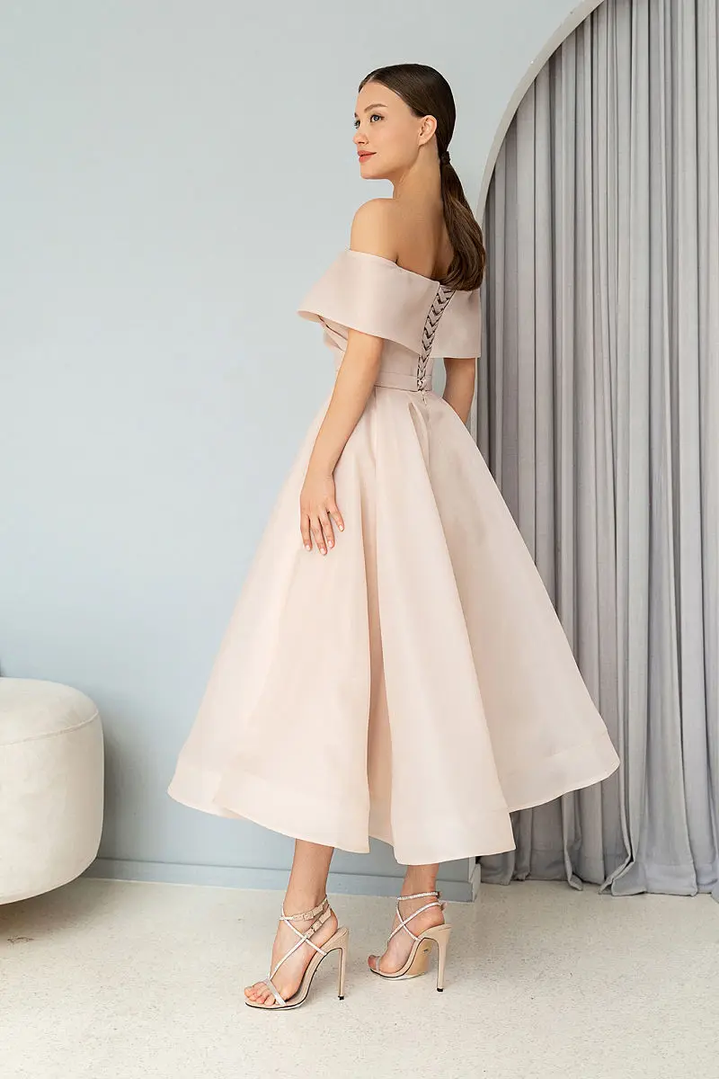 Off Shoulder Sweetheart Cross-surplice Neck A Line Prom Dresses Lace Up Backless Tea Length Short Sleeve Formal Evening Dress