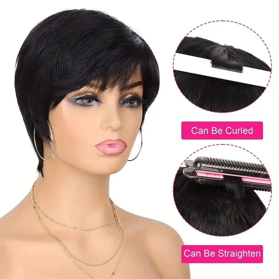 100% Human Hair Pixie Cut Straight Short With Bangs Brazilian Remy Human Hair Wigs Machine Made Wig For Women Natural Black