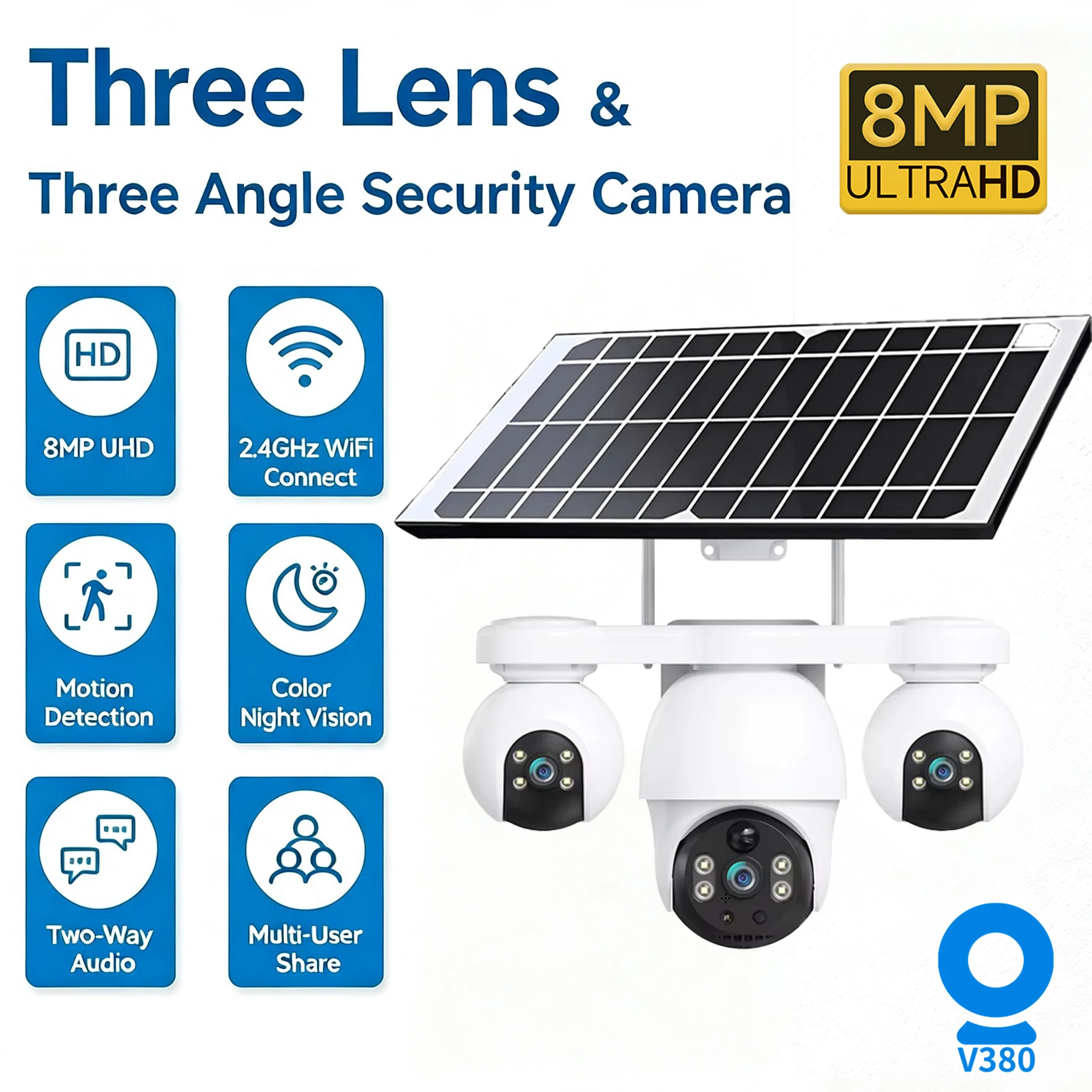 8MP 3-Linsen Solar-WiFi-PTZ-Kamera für den Außenbereich, 3 Ansichtswege, Farbnachtsicht, Zwei-Wege-Audio, Bewegungserkennung, wasserdichte Sicherheitskamera